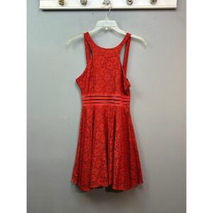 Dotted Dress Women Small Red Orange Floral Lace Fit and Flare Racerback Mini NEW